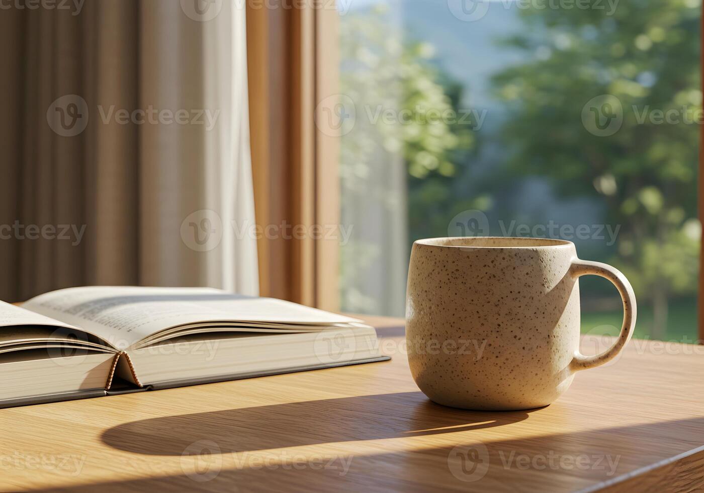 A coffee mug sitting on a table next to an open book photo