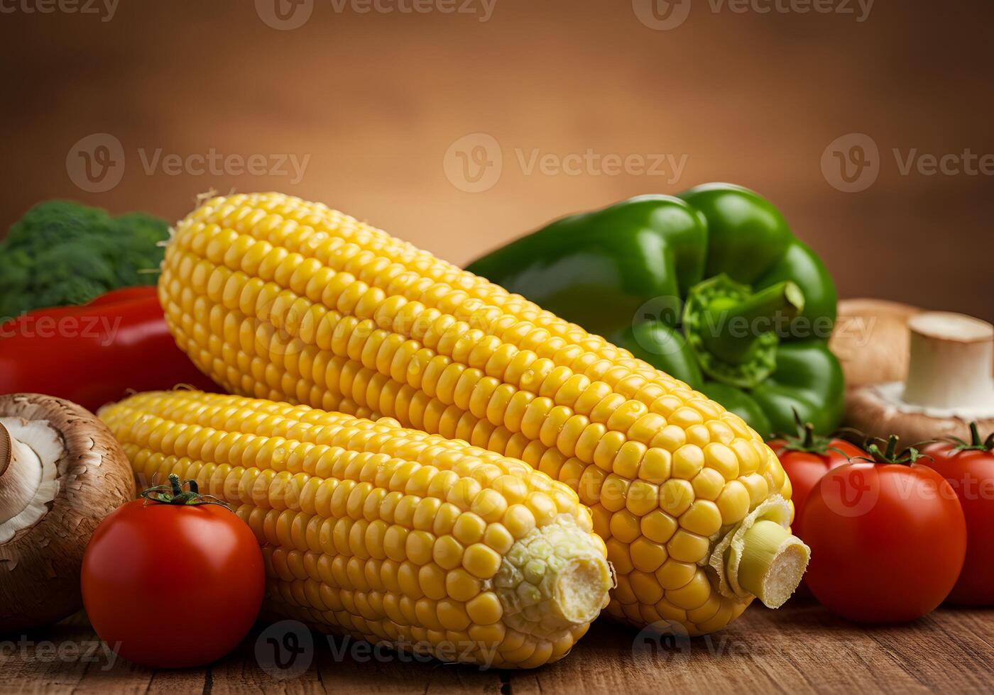 Corn, peppers, tomatoes, mushrooms and broccoli photo
