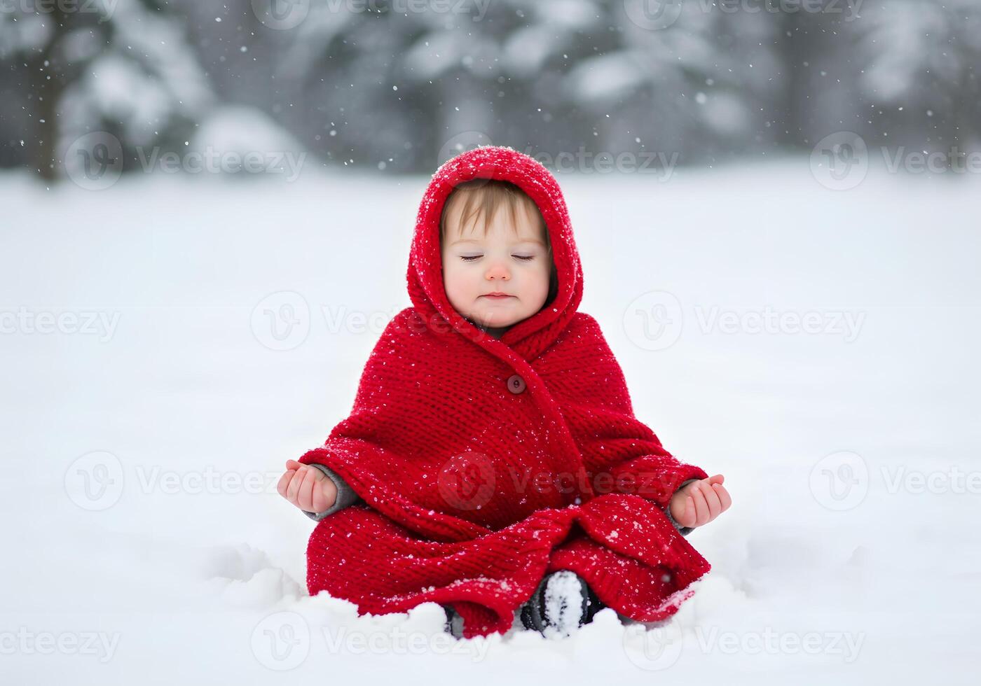 A young child in a red blanket sitting in the snow photo