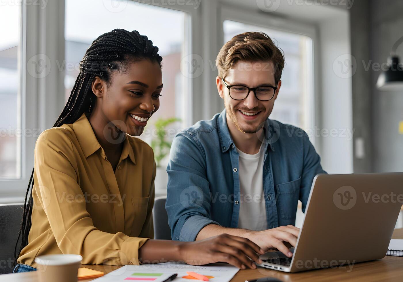 Two people smiling while working on a laptop photo