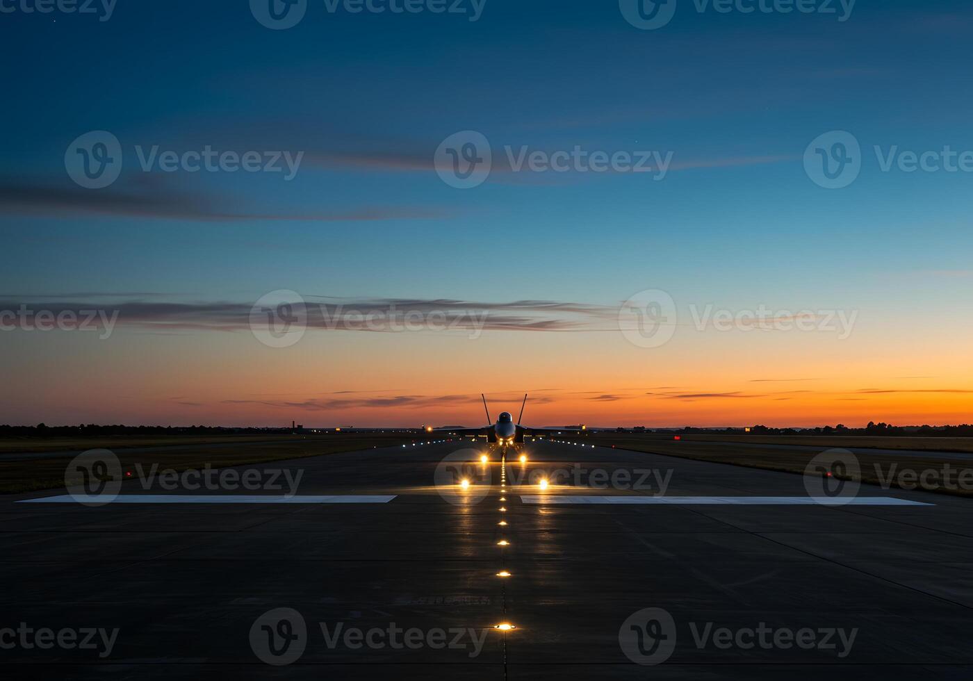 A runway with a plane on it at sunset photo