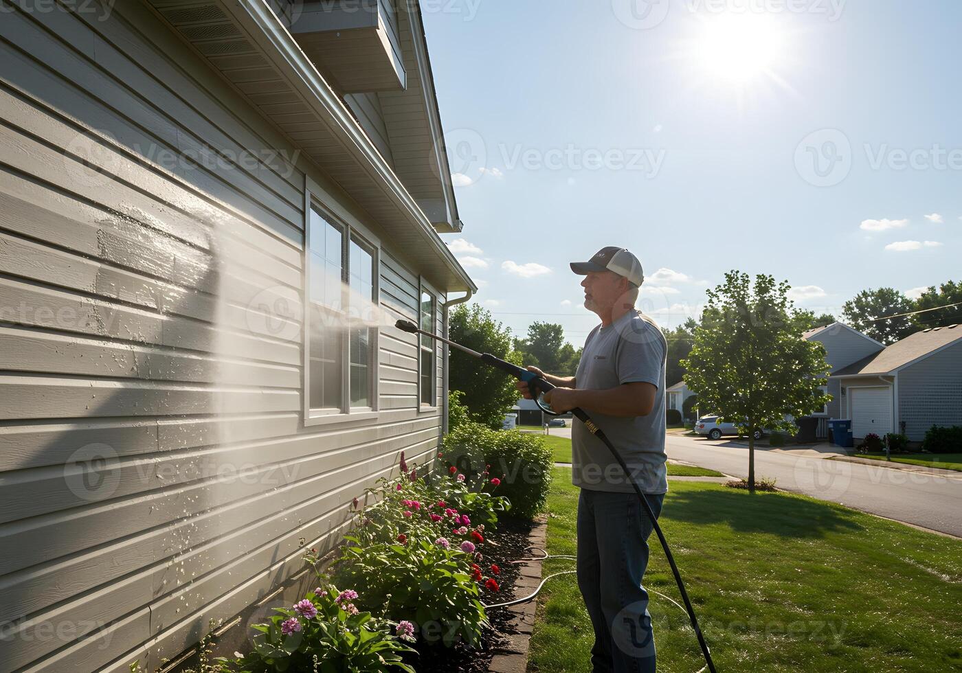 A man is washing the side of a house with a pressure washer photo