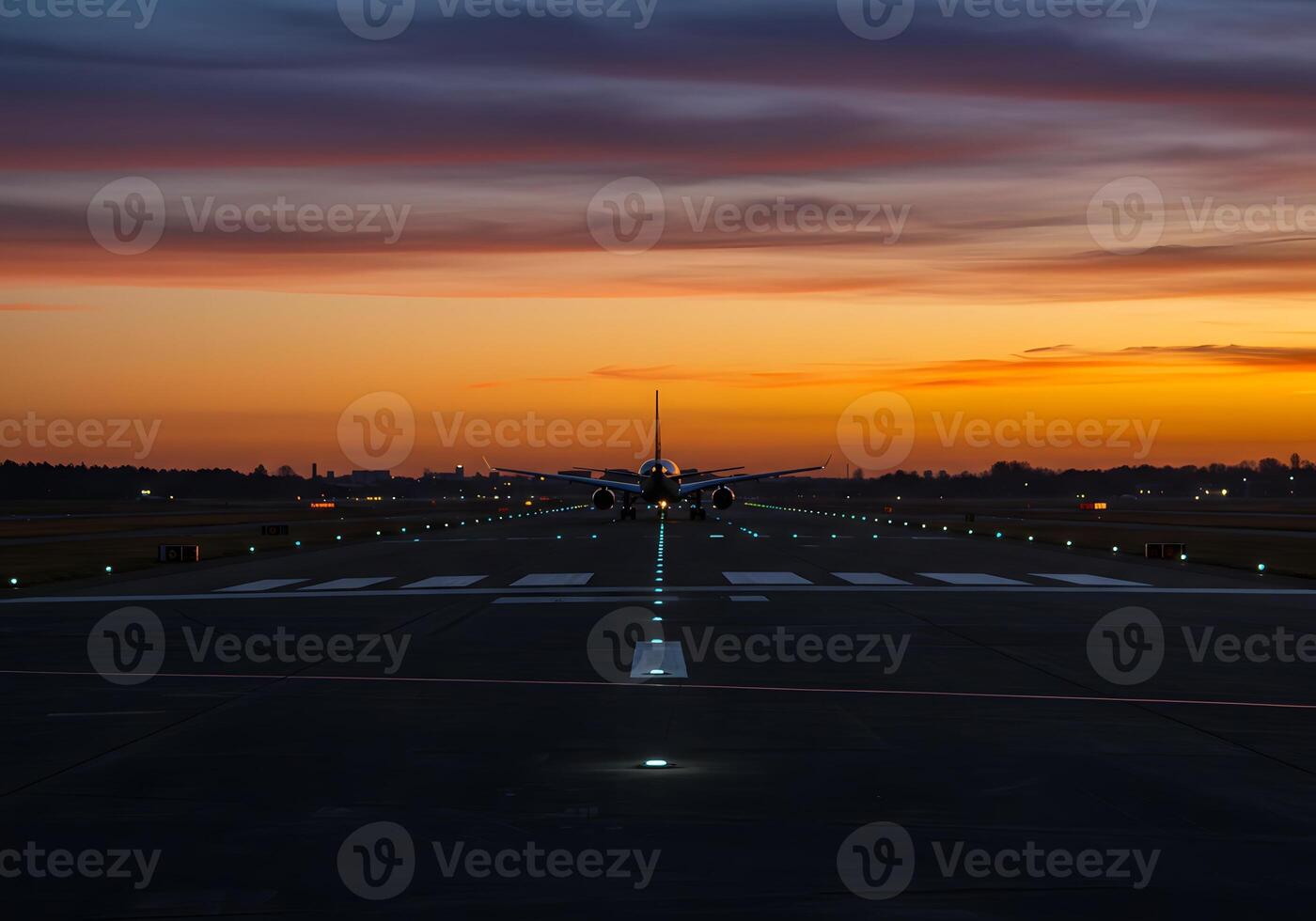 A plane on the runway at sunset photo