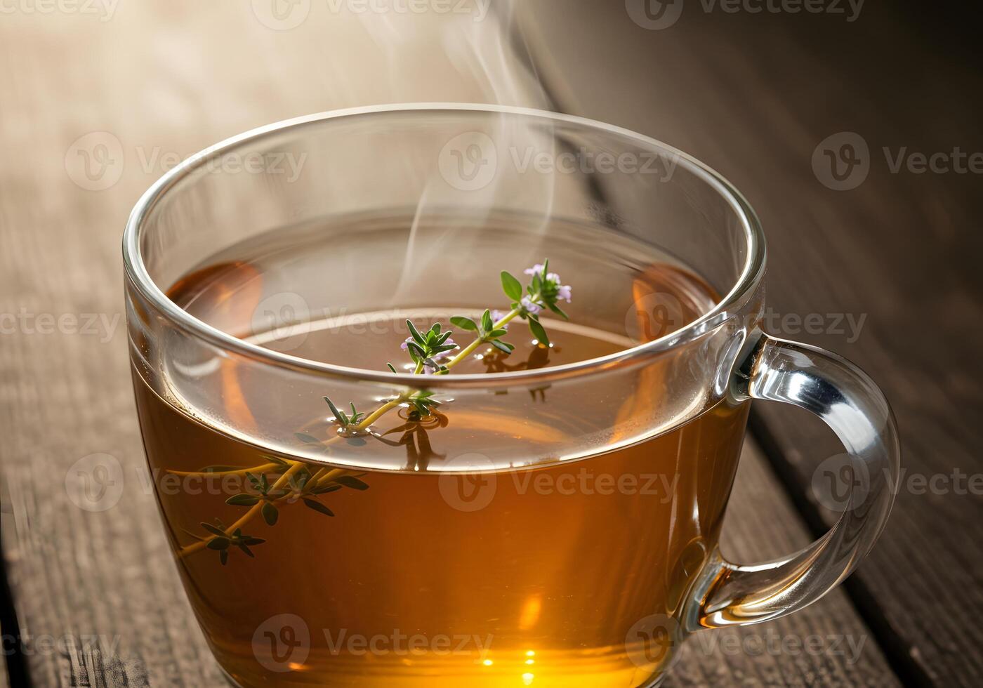 A cup of tea with herbs on top of a wooden table photo