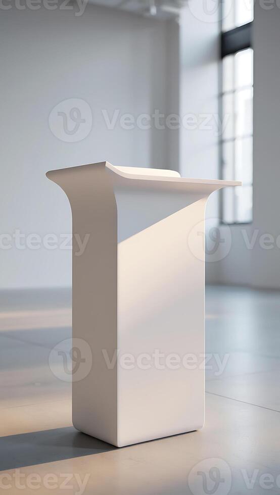 A white pedestal sitting in an empty room photo