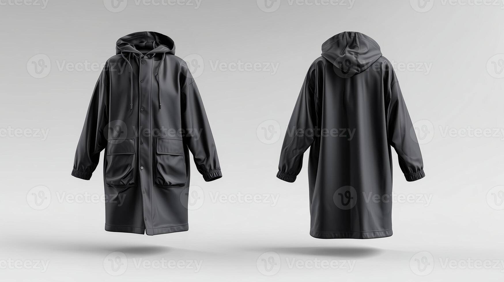 Stylish black raincoat displayed in an artistic angle on a neutral background photo