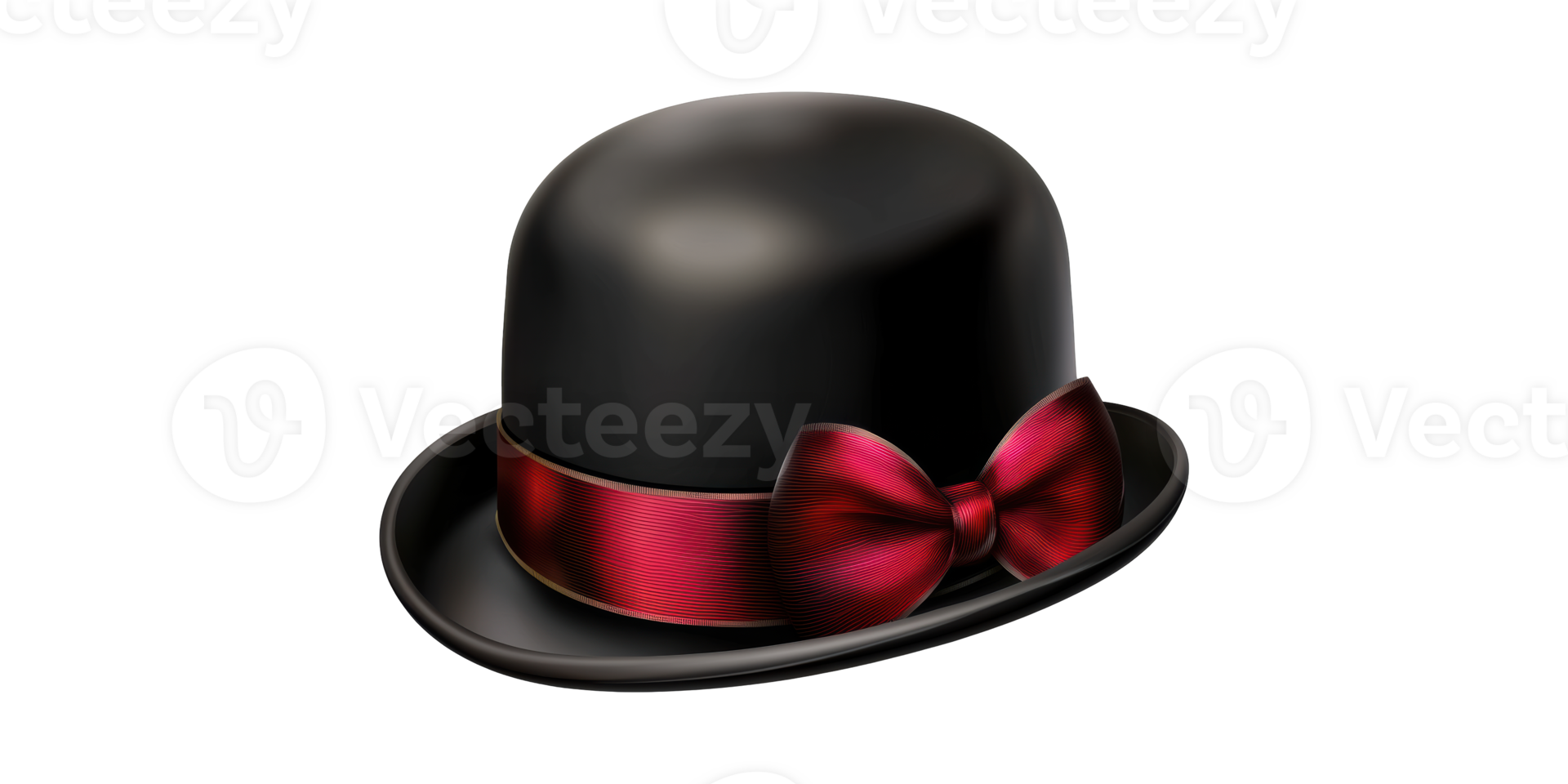 Black Bowler Hat With Red Ribbon And Bow. Classic Fashion Accessory Isolated On Transparent Background png
