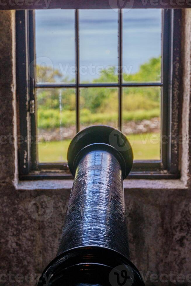 A cannon sitting in a window photo