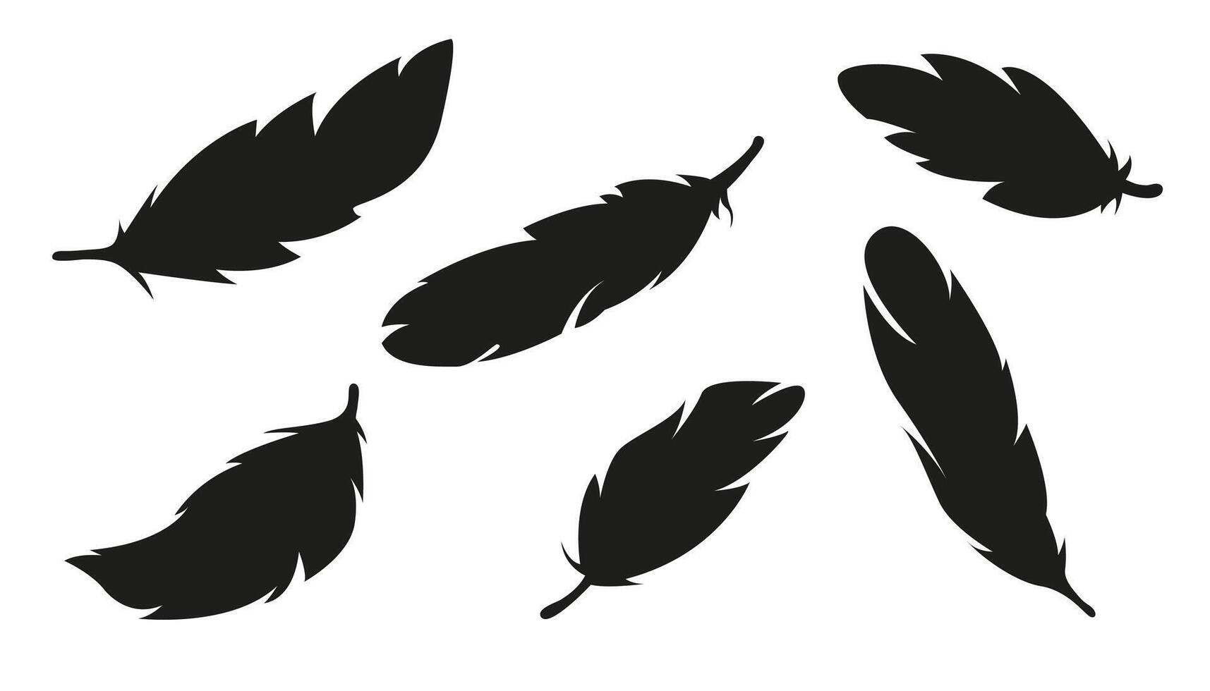Feather icon set in black silhouette style. Collection of bird feathers, plume symbols. Minimalist plumelet shapes for nature, lightness, freedom, and boho design. illustration. vector