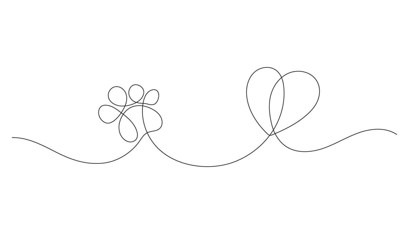 One continuous line drawing of a dog or cat paw print with heart. Minimalist symbol of pet love. vector