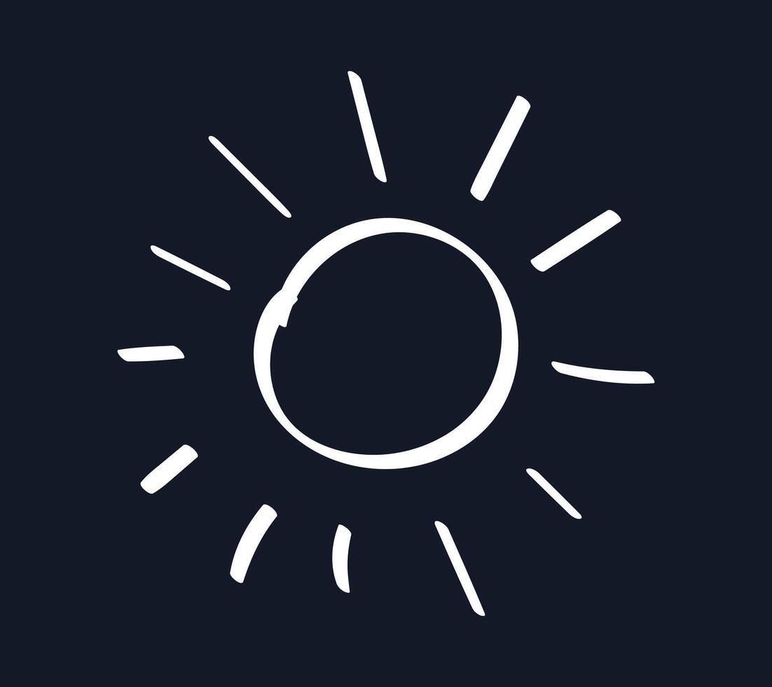 Doodle Chalked Sun on black background. Children contour Sunrays. Hand drawn Sunbeams. Linear weather. Brightness, happiness. Warmth, positivity. Isolated drawing on chalkboard. illustration vector