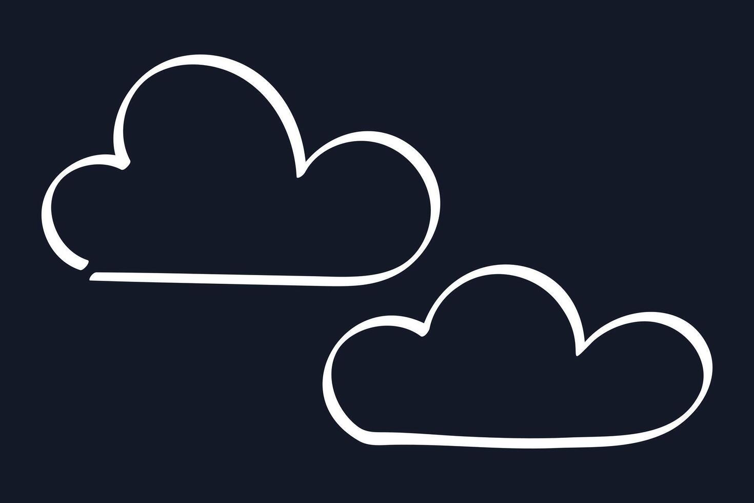 Doodle Chalk Clouds on black background. Children contour cumulus cloud. Hand drawn Puff. Nimbus, overcast. Linear comic element sky, cloudy weather. Chalkboard. Isolated drawing. illustration vector