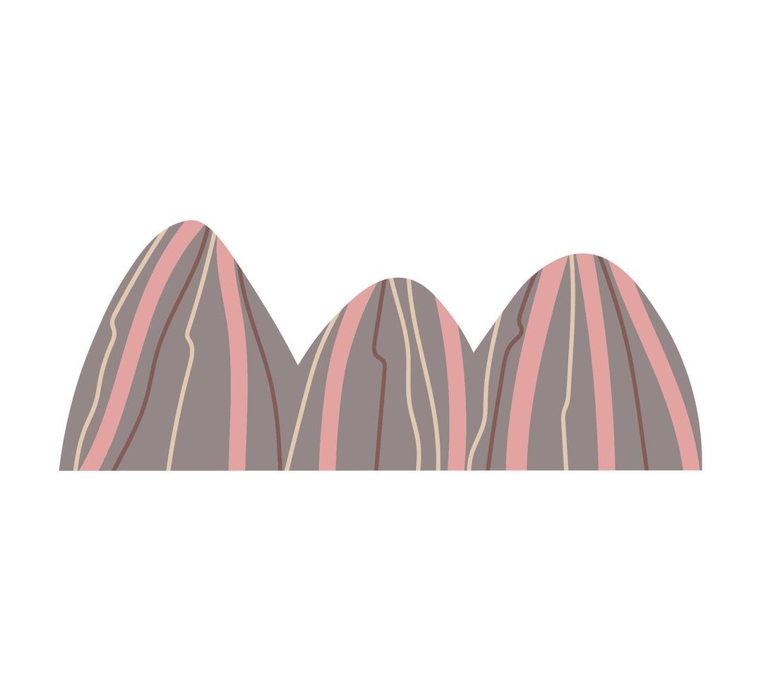 Decorative cartoon Mountains illustration on isolated background. Abstract Mountainous sketch in flat style. Hand drawn Hilly landscape, rocks. Tourism, travel, nature, lifestyle, alpinism vector