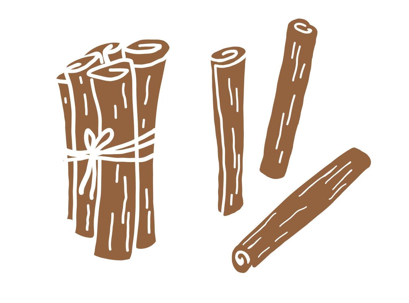Cinnamon sticks, bark brown spice hand drawn. Set with rolled Cinnamons. Heap Spicy seasoning, condiment aromatic ingredient for cooking, backing, food. Illustration on isolated background vector