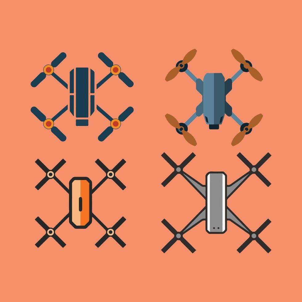 Four stylized drones in various colors and designs quadcopter aerial vehicle vector