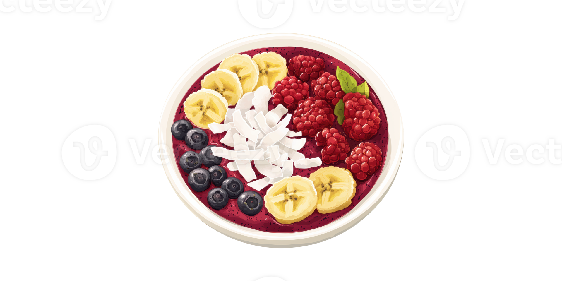 Acai Bowl With Fresh Fruits And Coconut Toppings. Healthy Breakfast And Superfood Nutrition Isolated On Transparent Background png