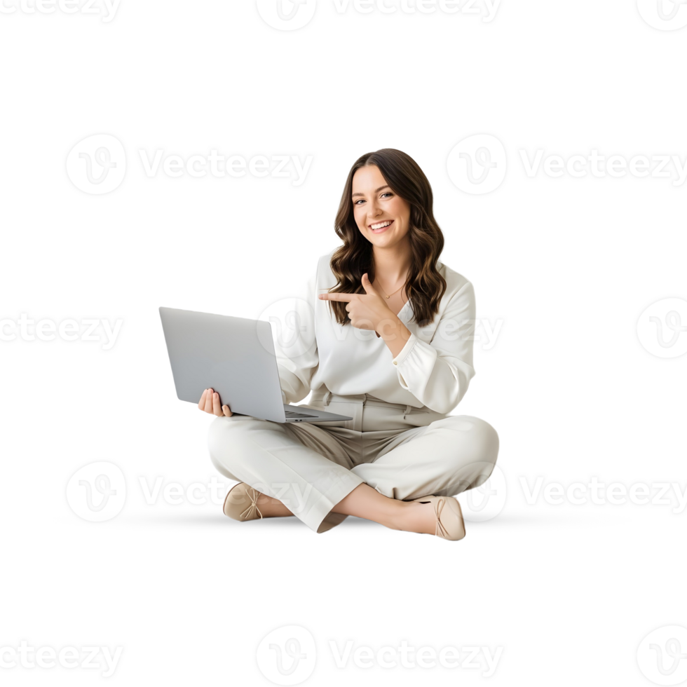 Happy young woman sitting cross-legged with a laptop, smiling and pointing left png