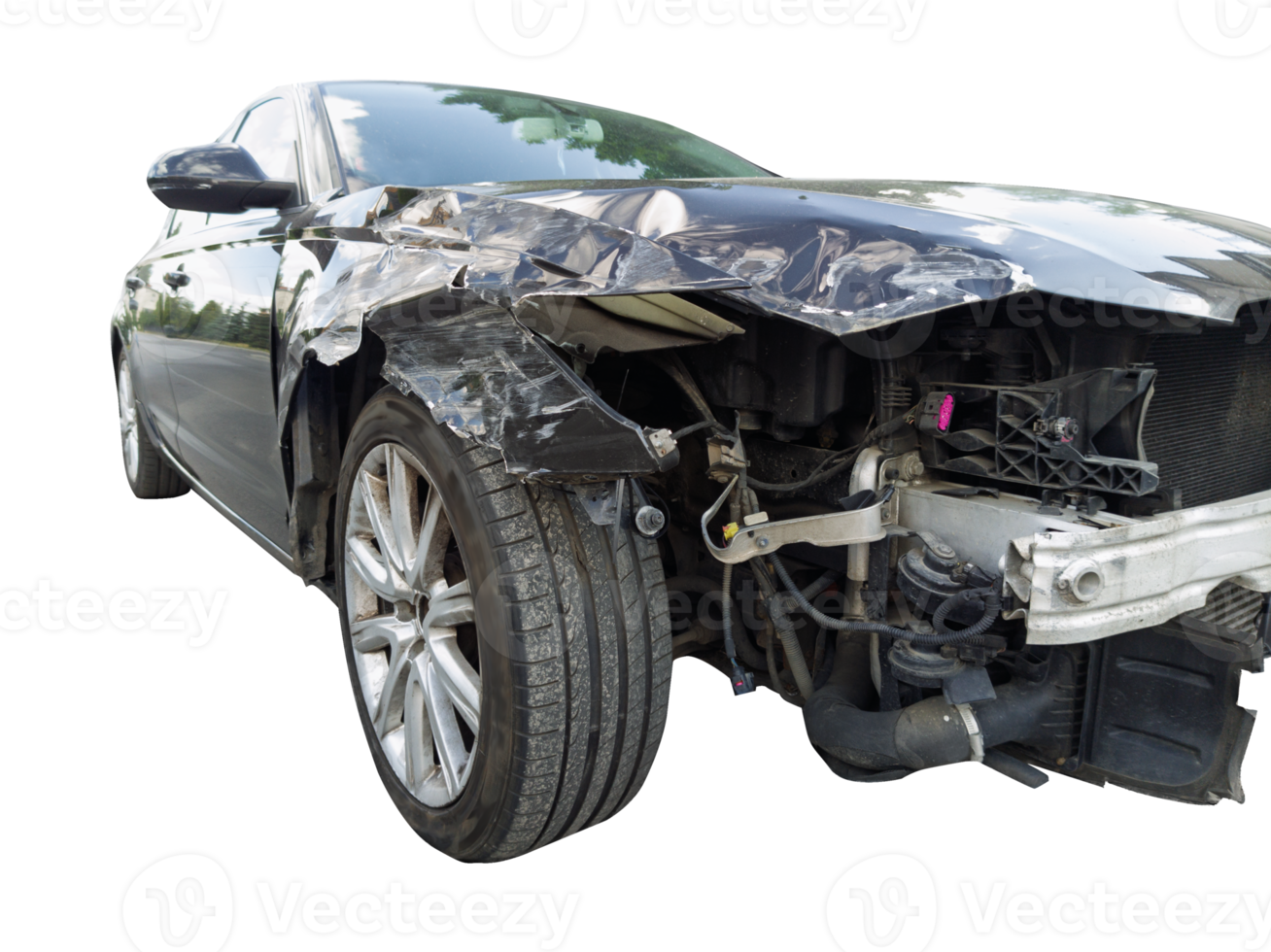 Crashed black car with visible front damage. png