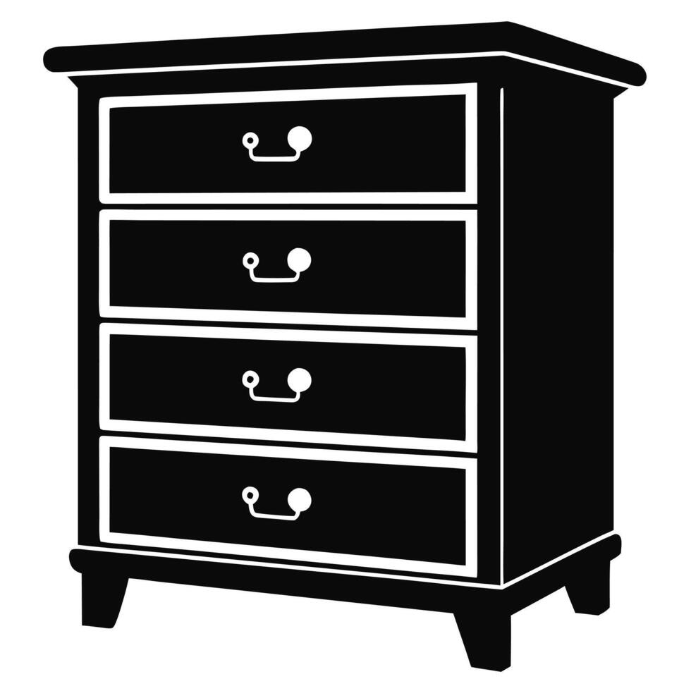 Elegant Black Four-Drawer Chest of Drawers, Classic Bedroom Furniture, Simple Silhouette, Minimalist Design, Stylish Storage Solution vector