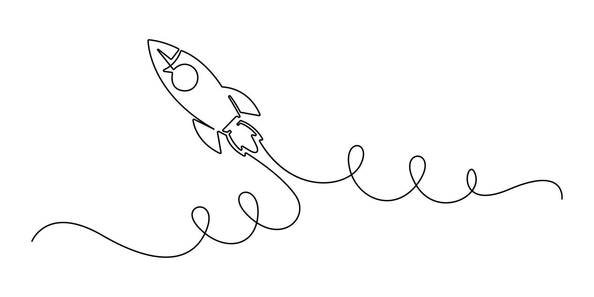 Continuous one line drawing of a rocket ship launching into space ascent graphic illustration vector