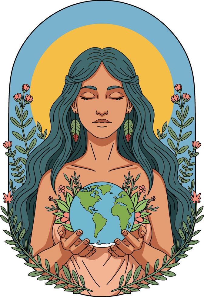 Woman holding Earth with floral design vector