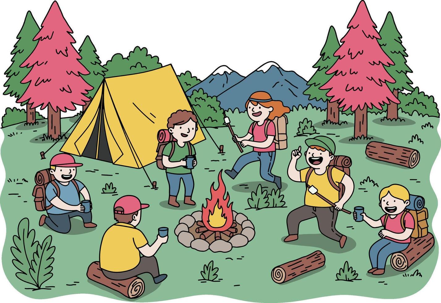 Group camping by a fire vector