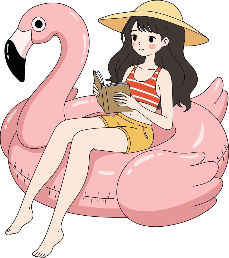 Girl reading on flamingo float vector