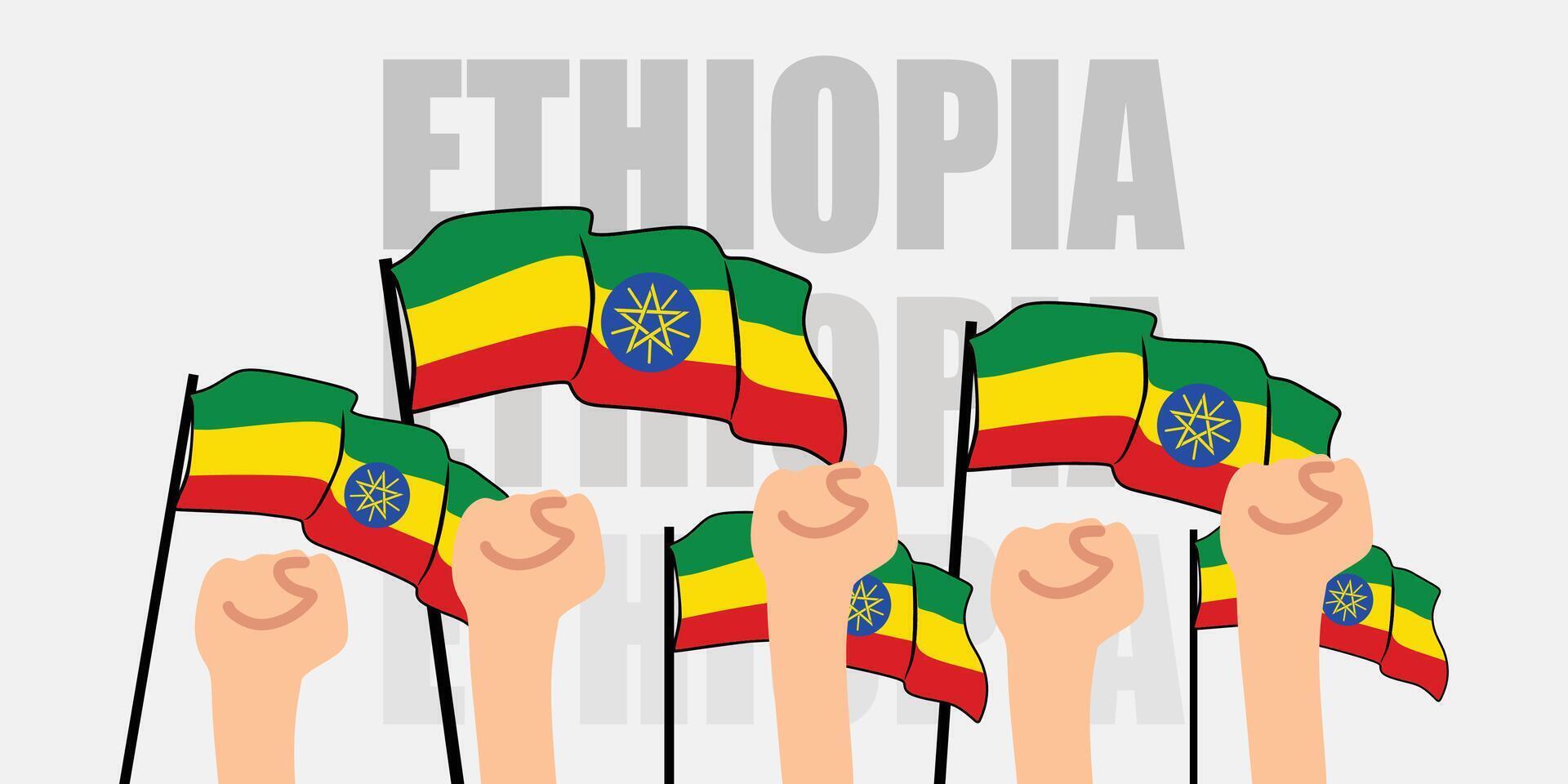 hand with flag of the Ethiopian or Ethiopian independence day illustration of Ethiopian flag with gray background banner or greeting card vector