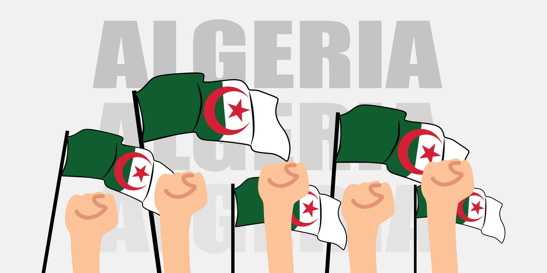 hand with flag of the Algeria or Algeria independence day illustration of Algeria flag with gray background banner or greeting card vector