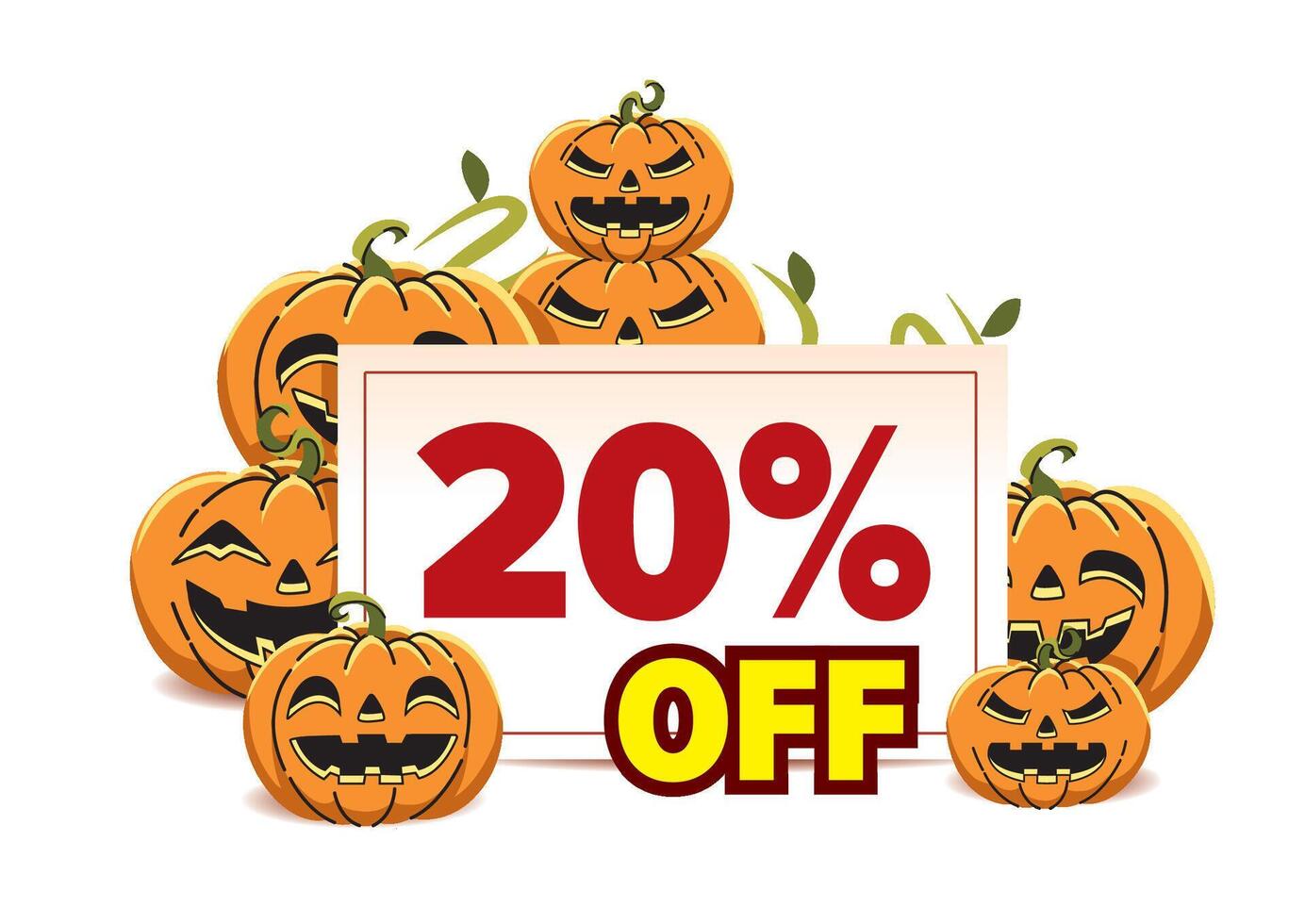 Cheerful Halloween pumpkins surrounding a discount sign displaying 20 percent off for festive promotions. vector