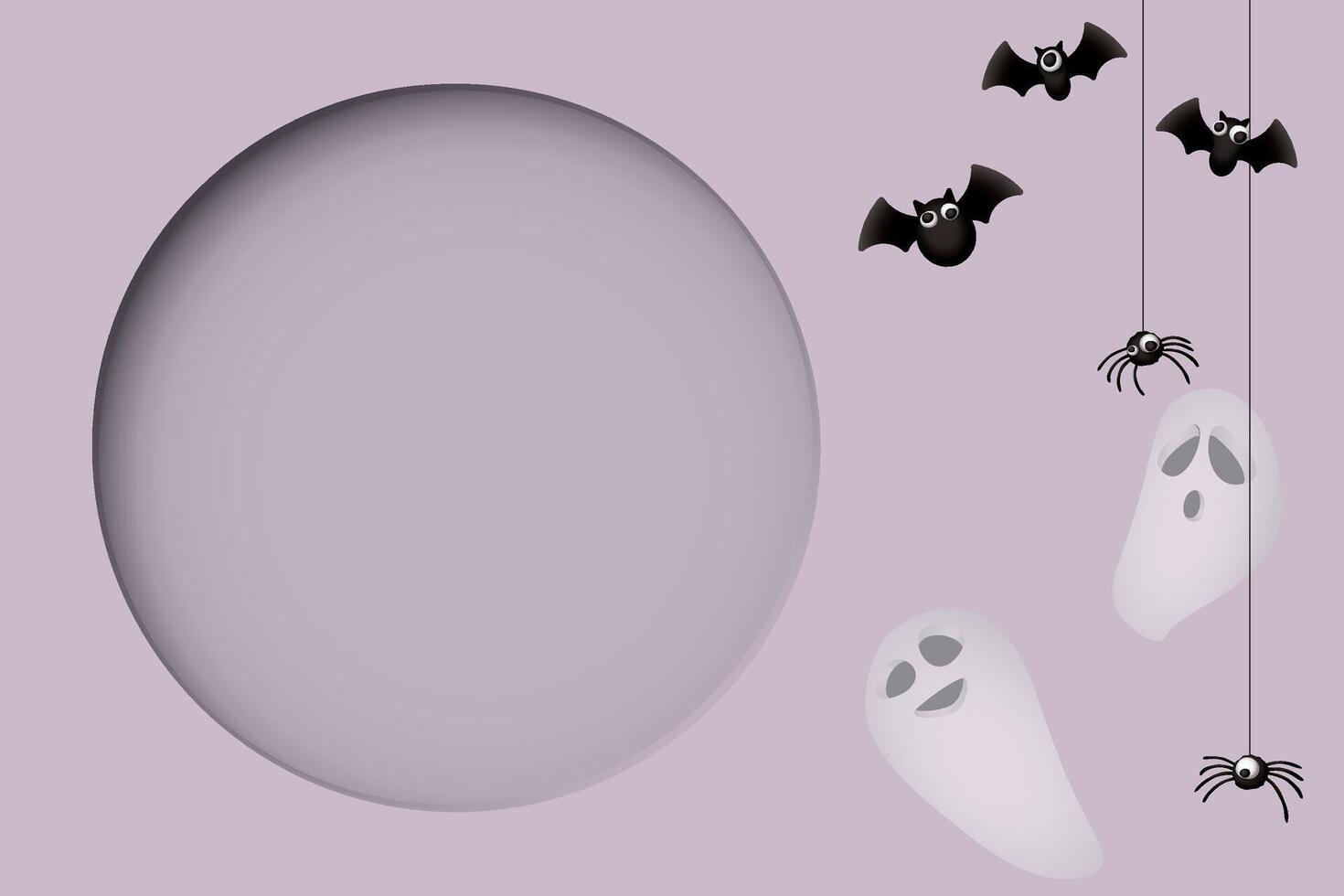 3D circle frame paper cut style with Halloween ghost, bats and spider on purple rectangle background graphic illustration have blank space. vector
