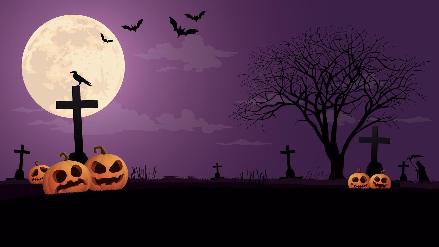 Halloween pumpkins and bats at night vector