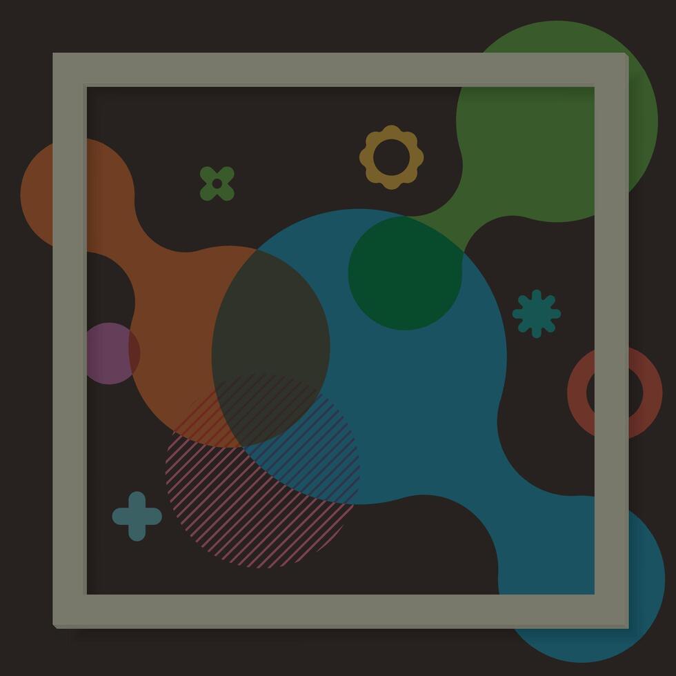 3D gray square frame with colorful abstract various shapes transparent overlap on brown background graphic illustration. vector