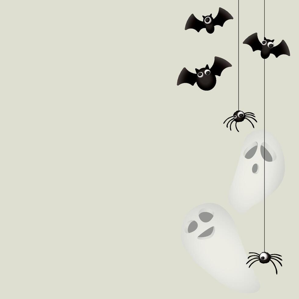 3D Halloween ghost, bats and spider on gray square background graphic illustration have blank space. vector