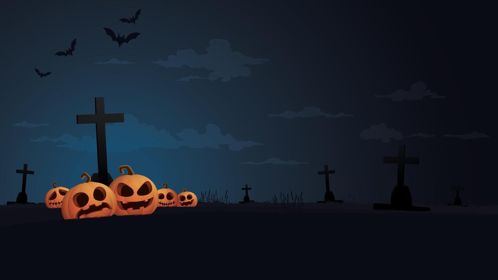 Halloween pumpkins and crosses at night vector