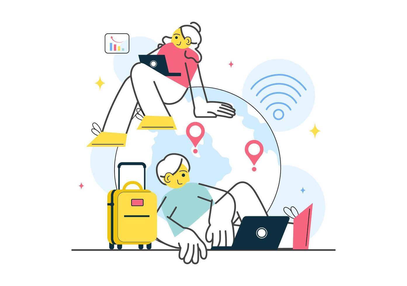 Digital nomads working online while traveling vector