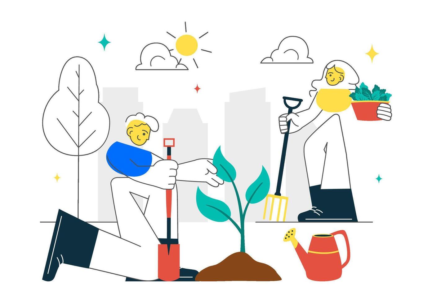 Gardening couple planting in urban setting vector