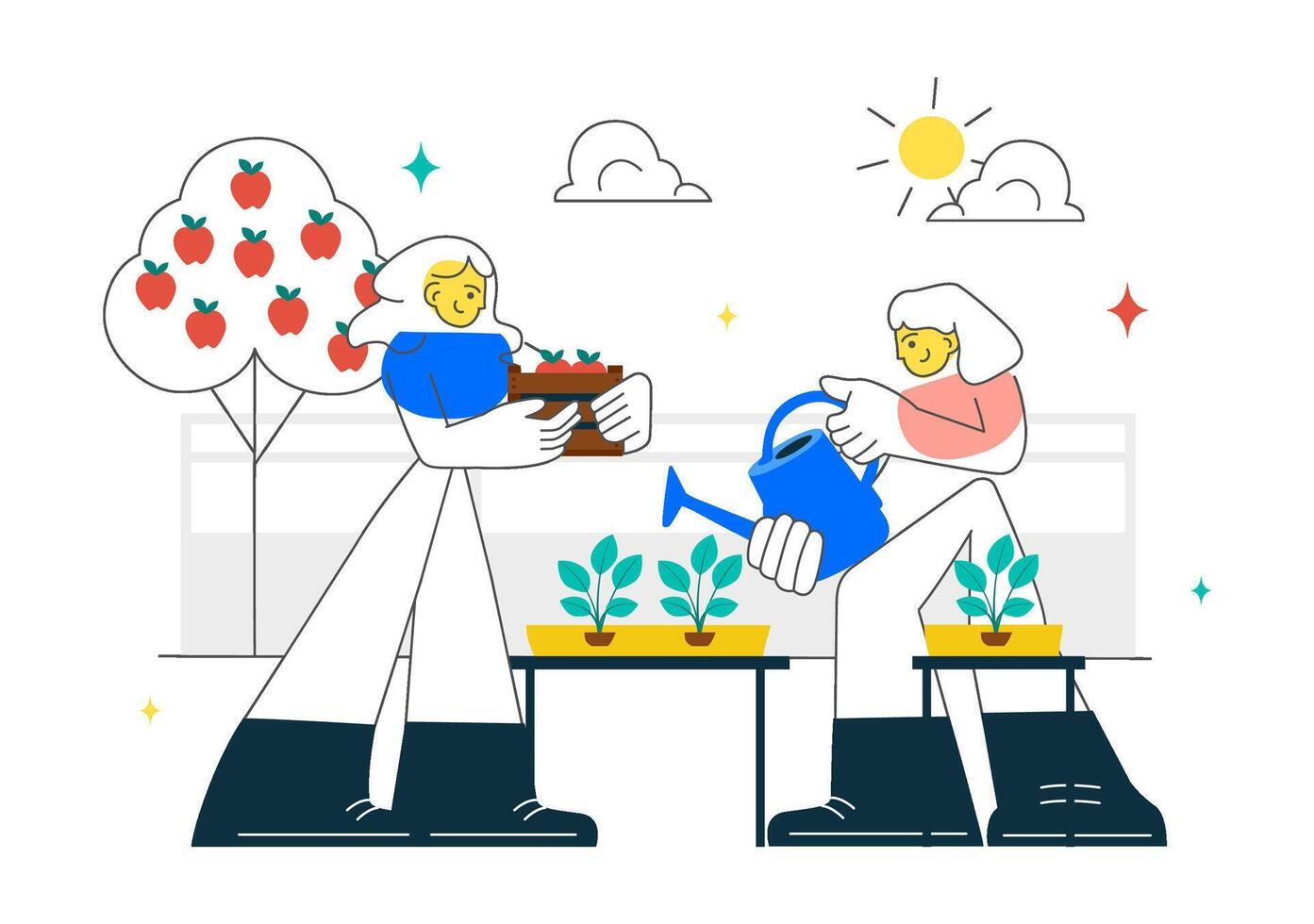 Two people gardening together outdoors vector