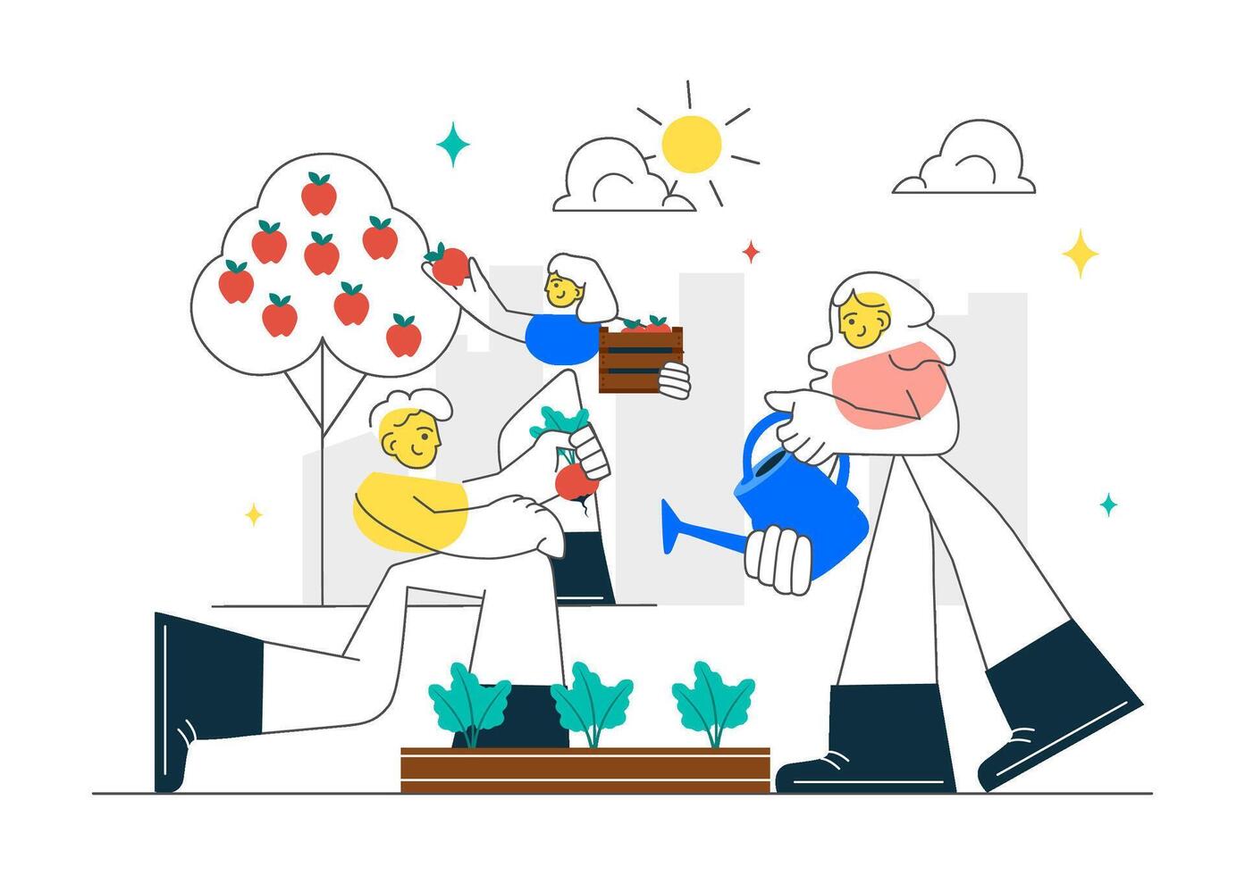 People gardening under sunlight vector