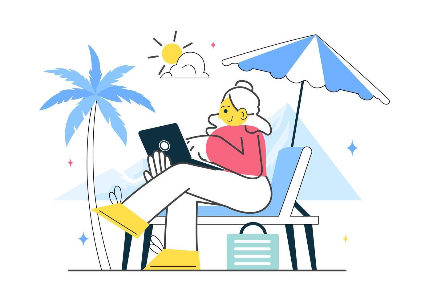 Woman using laptop on beach chair vector