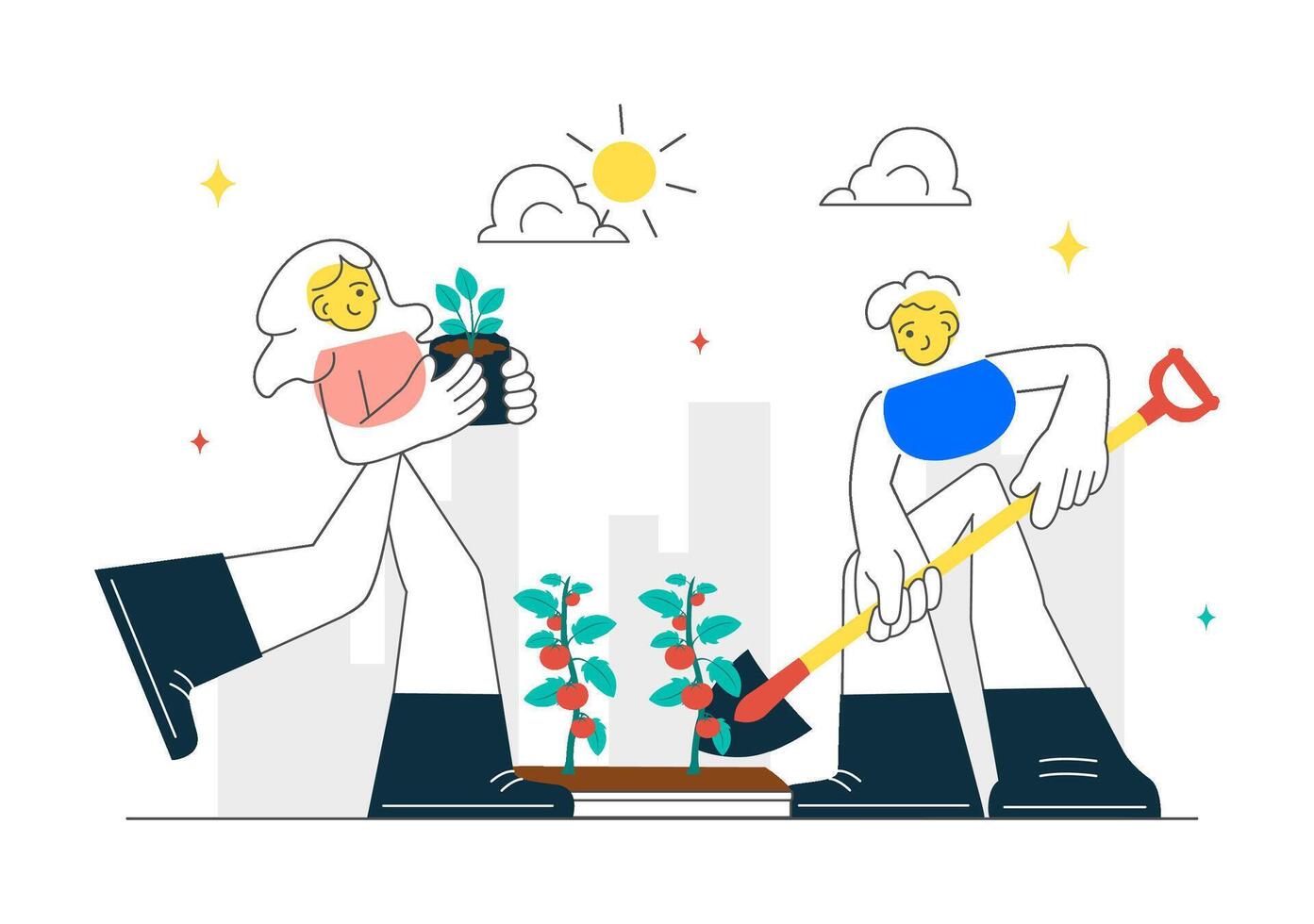 Illustration of Neighborhood Garden with Volunteers Working Together and Communicating vector
