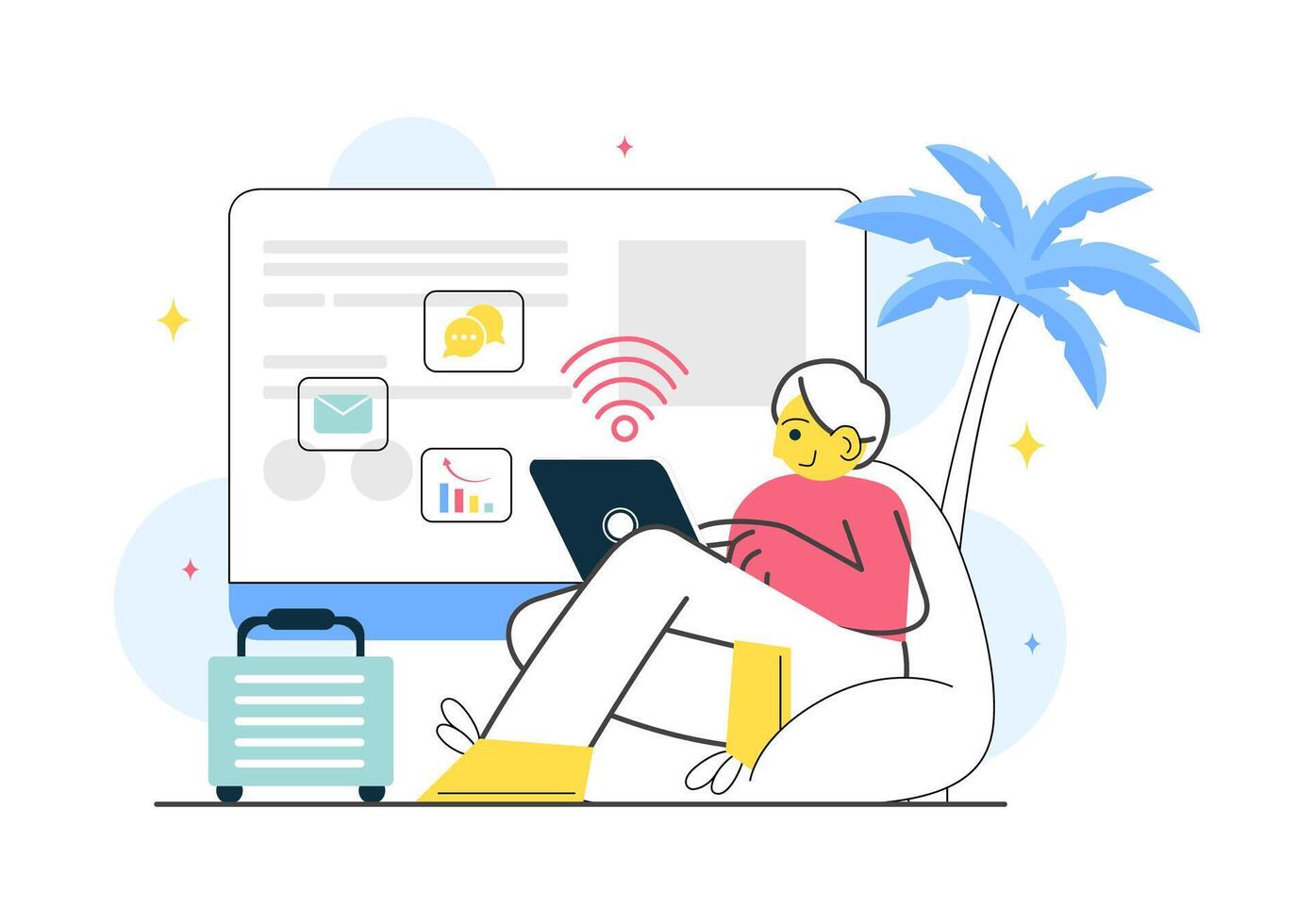 Lifestyle of Digital Nomads Design Featuring Travelers Working Online During Their Holiday Adventures vector