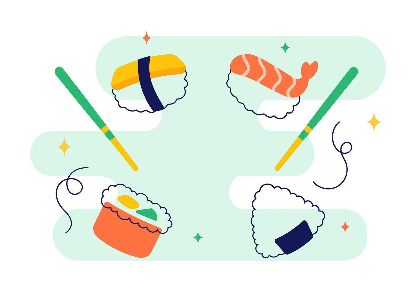 Flat of Sushi Bar Scene with Fresh Fish, Rice, and Condiments in Japanese Cartoon Style vector