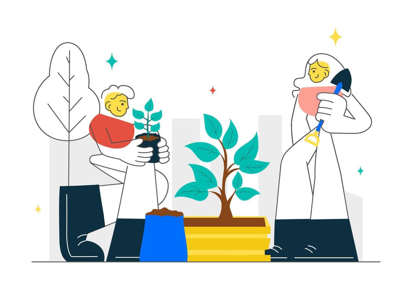 Public Town Garden Illustration with Citizens Caring for Plants and Talking in a Flat Background vector