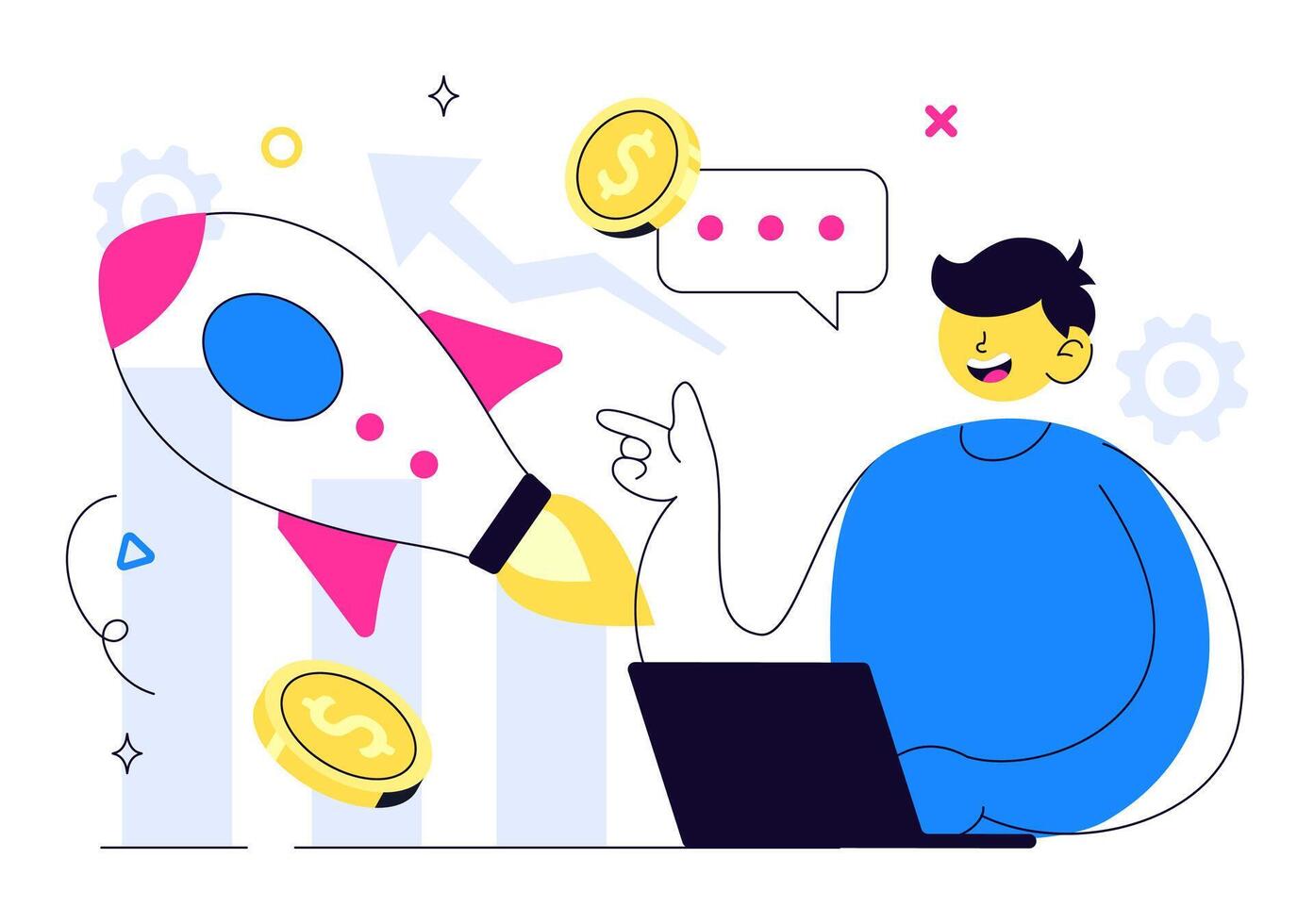 Business Startup Illustration with Innovation Launch, Target Goals, and Arrows in a Flat Cartoon Style vector