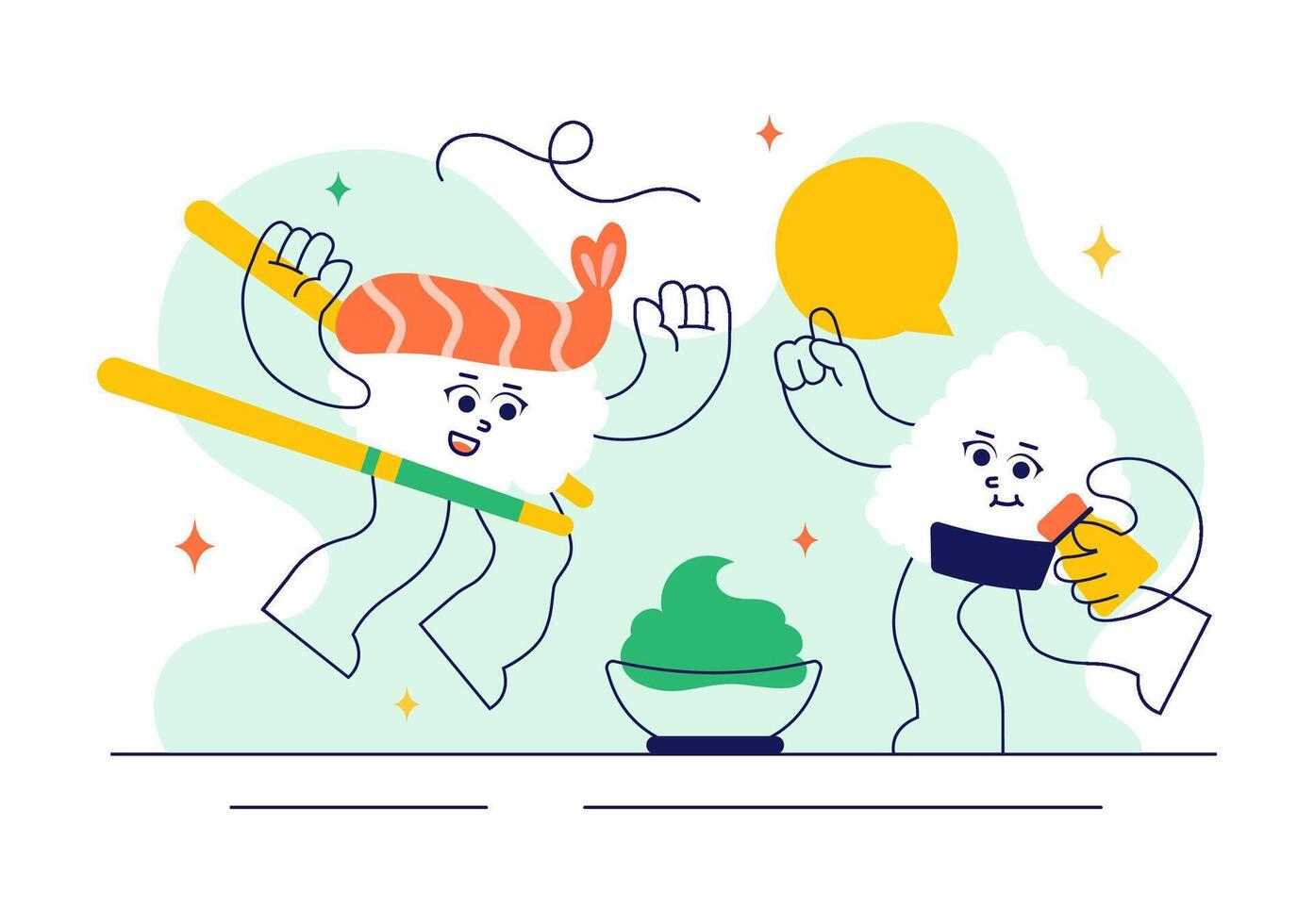 Illustration of Japanese Sushi Dish Served with Wasabi and Soy Sauce in Flat Modern Style vector