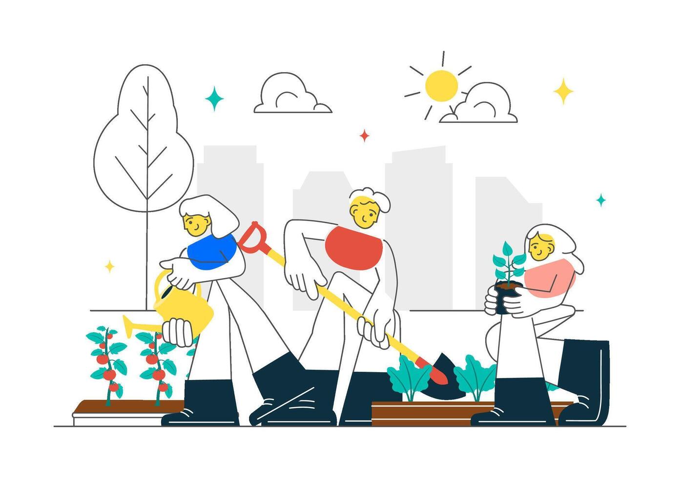 City Garden Scene Featuring Residents Working Together to Cultivate Plants in Flat Style vector