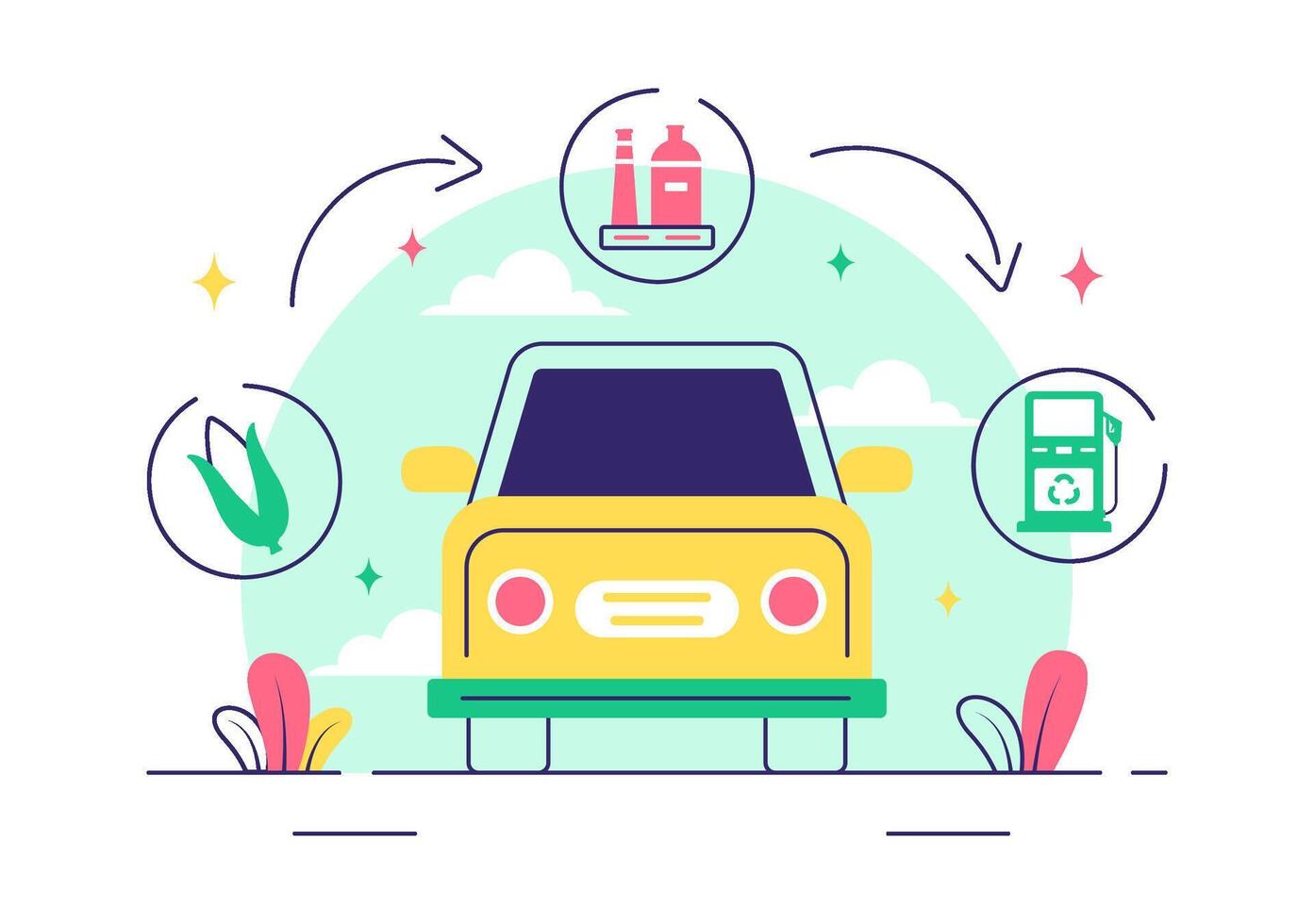 Renewable Biofuel Illustration with Plant-Based Energy and Green Barrels in a Flat Cartoon Background vector