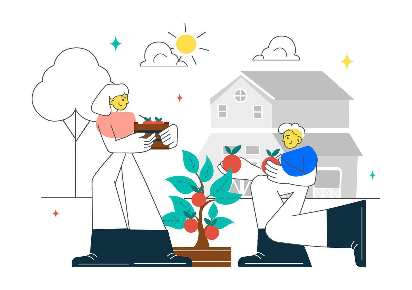 Flat of People in a Community Garden Taking Care of Crops and Engaging in Conversation vector