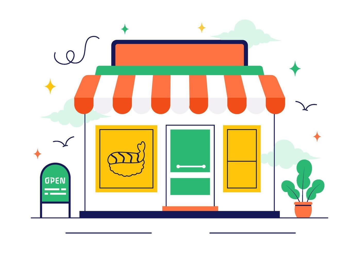 Traditional Japanese Sushi Bar with Sashimi, Maki Rolls, and Soy Sauce in Flat Illustration vector